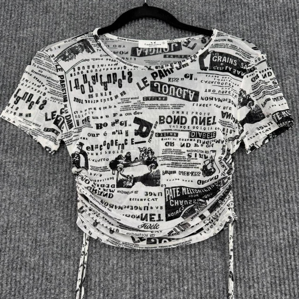 Y2K Rebellious Dreamer mesh ruched crop top women's small newspaper goth